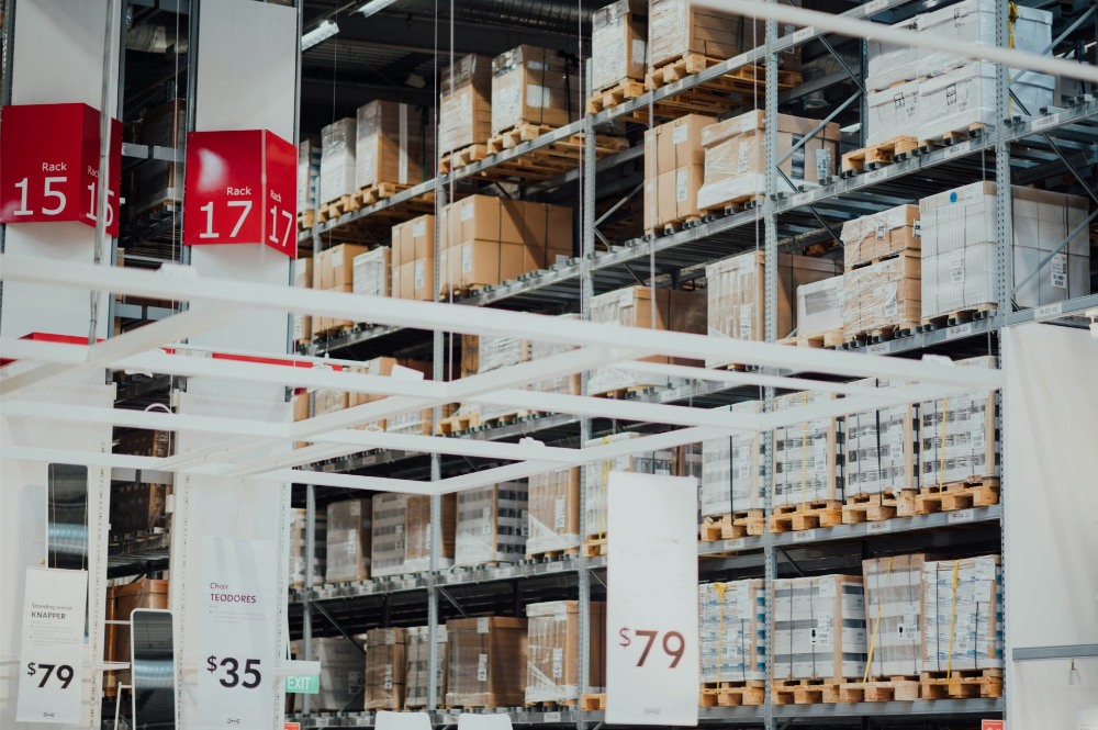 Warehouse shelves with products